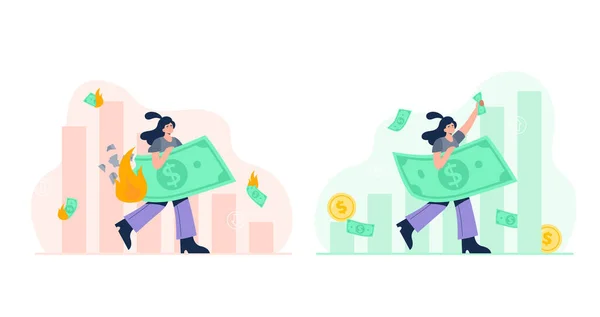 Financial Concepts Economic Fall Rise Woman Loses Money Savings Woman — Image vectorielle