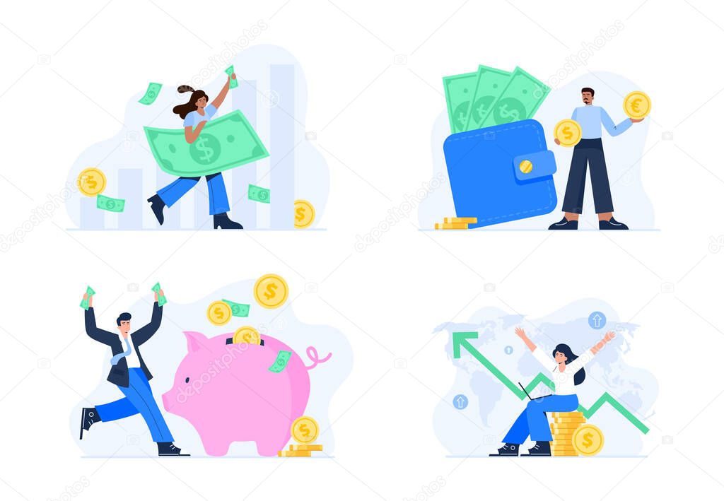 Financial concepts. Receiving money from successful deals, growth of investment, and savings. People earn and multiply financial wealth. Vector flat illustrations isolated on the white background.