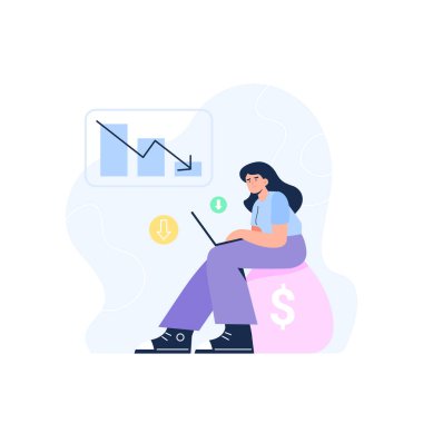 Inflation concept. The financial crisis, decrease the value of the currency. A woman loses savings due to inflation. Vector flat illustration.Vector flat illustration isolated on the white background.