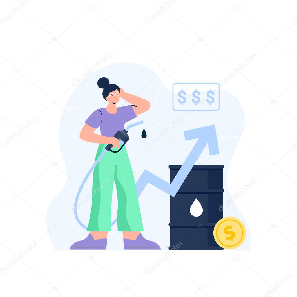 World oil price crisis concept. A woman is confused and shocked by the fuel prices. Gasoline prices, global increasing fuel price. Vector flat illustration isolated on the white background.