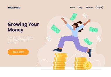 Personal finance management and financial literacy concept. A woman jumps on stacks of coins and picks up cash. Vector flat illustration for web page or banner.