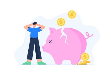 Finansal konsept. Kişisel bütçe, parayla ilişki, ekonomik sorunlar. Genç bir adam birikimlerini kaybeder ve hiç parası yoktur. Beyaz arkaplanda izole edilmiş vektör düz çizimler.