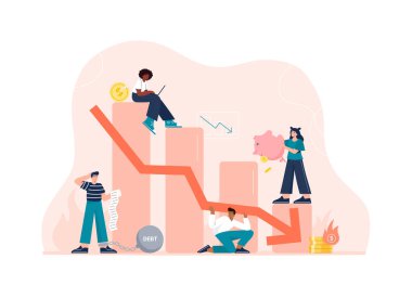 Ekonomik kriz konsepti. Borsa düştü, fiyatlar düştü, ve yatırım başarısızlıkları veya hatalar oldu. Üzgün insanlar paralarını, birikimlerini ve yatırımlarını kaybediyorlar. Karakterleri ile vektör düz illüstrasyon.