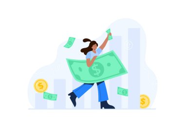 Finansal konsept. Kişisel bütçe, ekonomik büyüme. Genç bir kadın başarılı bir anlaşma veya yatırımdan para kazanır. Beyaz arkaplanda izole edilmiş vektör düz çizimler.