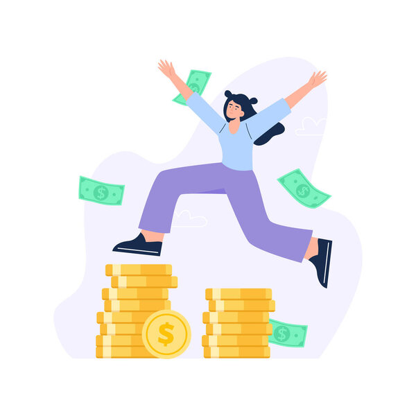 Концепция управления персональными финансами. Богатство и финансовый успех. Счастливая женщина прыгает через стопки монет и забирает наличные в воздухе. Векторная плоская иллюстрация на белом фоне.