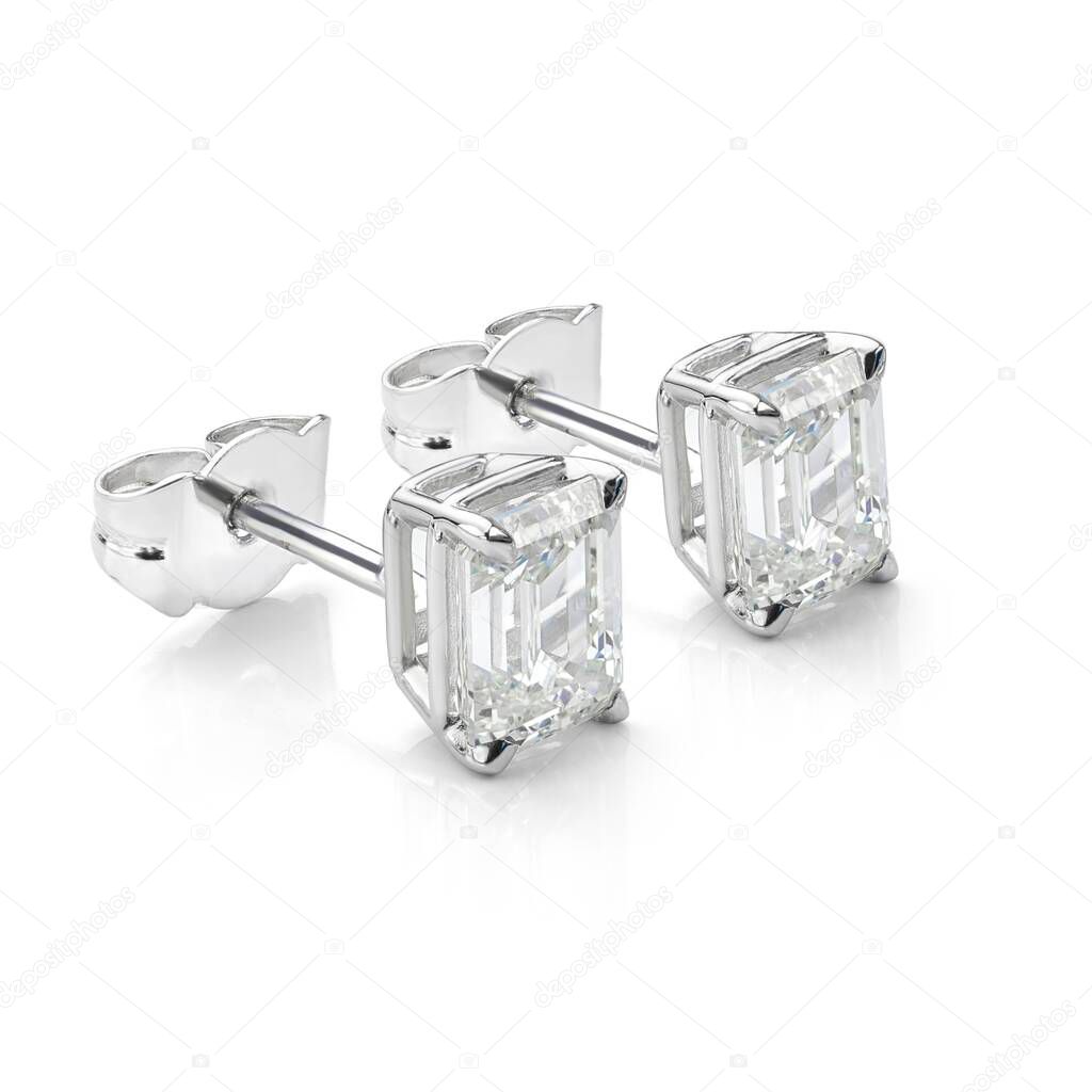 Emerald-Cut Diamond Earrings Isolated on White Background