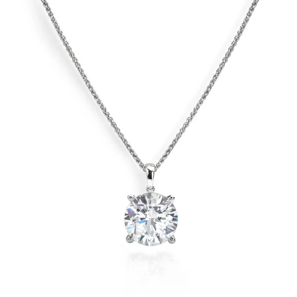 Collier Solitaire Diamant Pendentif Avec Chaîne Isolée Sur Fond Blanc Image En Vente