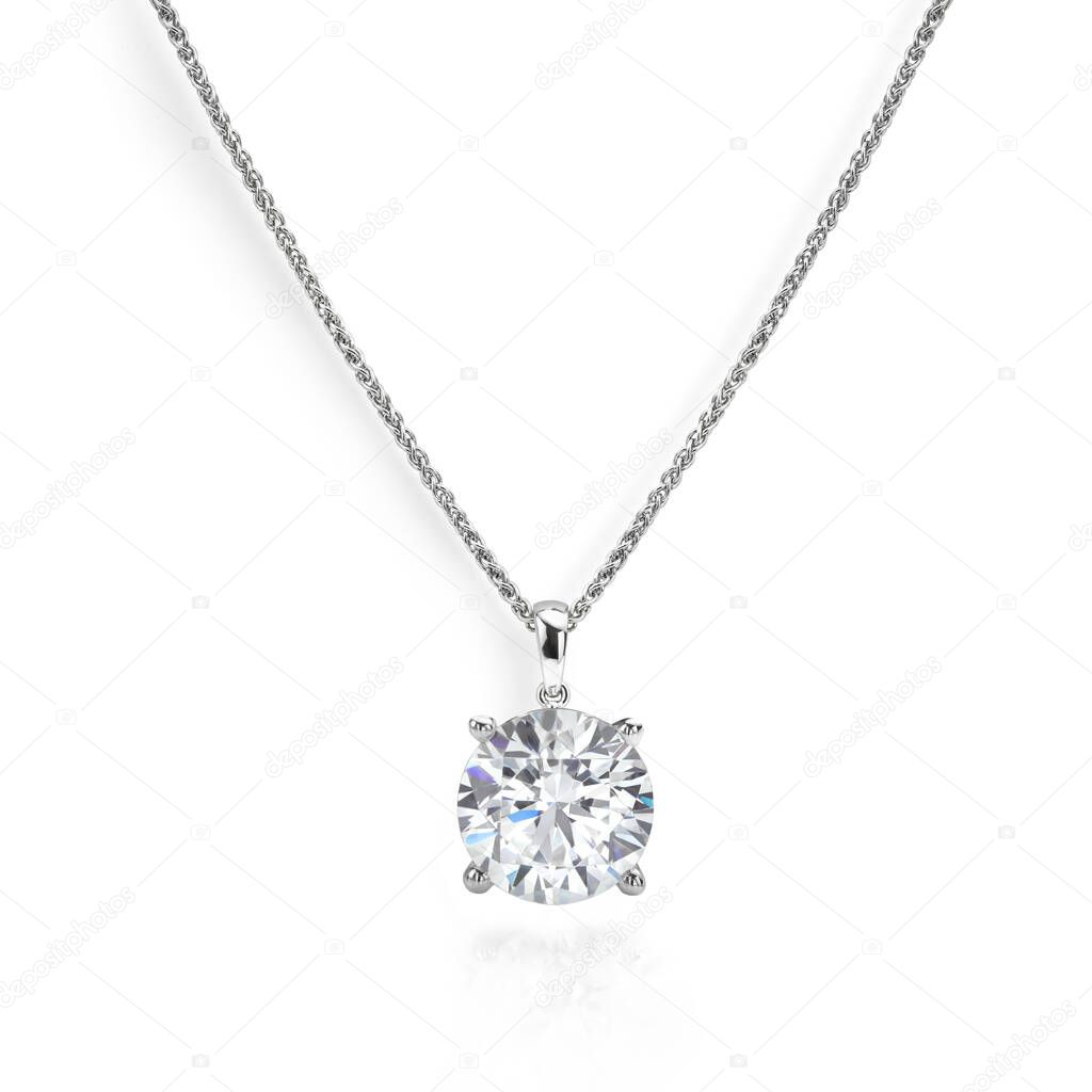 Diamond Solitaire Necklace Pendant with Chain Isolated on White Background. 