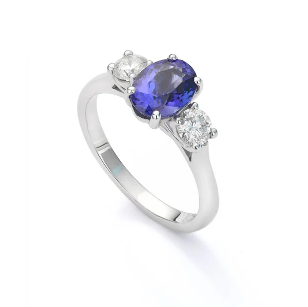Blue Sapphire Diamond Ring Oval Sapphire Diamonds Trilogy Three Stone — стоковое фото