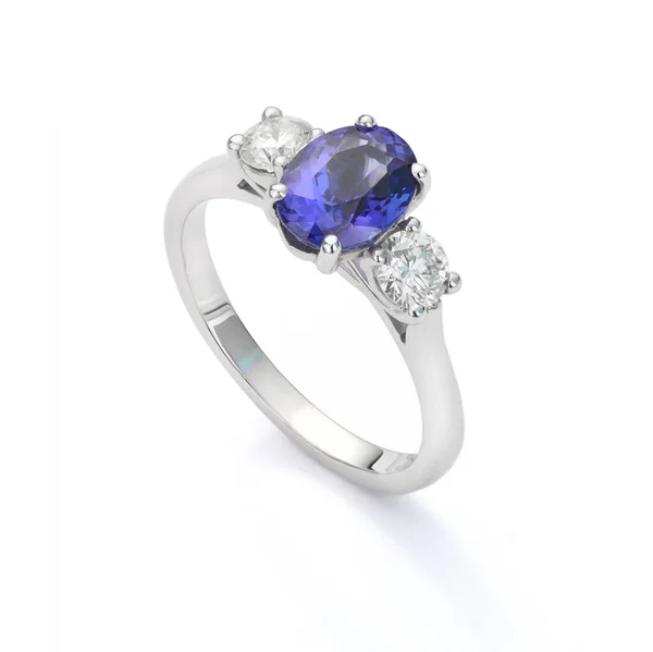 Blue Sapphire Diamond Ring Oval Sapphire Kulatými Diamanty Trilogie Tříkamenný — Stock fotografie