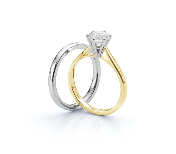 Yellow Gold Solitaire Engagement Ring with White Gold Setting and White Gold Wedding Ring