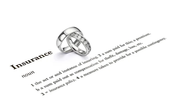 Jewellery insurance Concept. Purpose Written Insurance Quote Shown with Wedding Ring and Diamond Ring on White Background. 