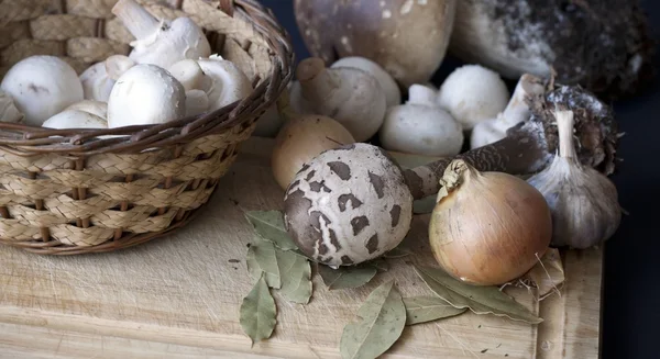 Stilleven met champignons, ui, kruiden — Stockfoto