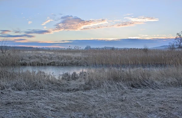 Göl, soğuk sabah yatay — Stok fotoğraf