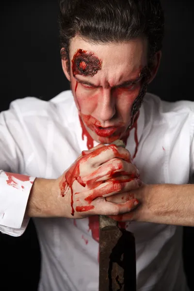 Psychopath with bloody knive — Stock Photo, Image