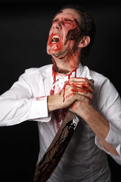Psychopath with bloody knive — Stock Photo, Image