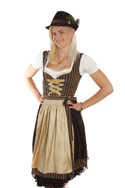 Jeune femme blonde en costume bavarois traditionnel — Photo