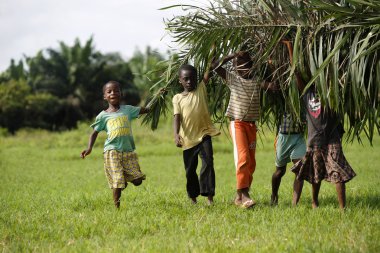 Afrikalı çocukları yakaladığında palmiye yaprakları ile yardım