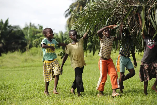 Les enfants africains aident avec les feuilles de palmier carring — Photo