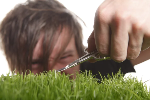 Молодой человек стрижет английский газон — стоковое фото