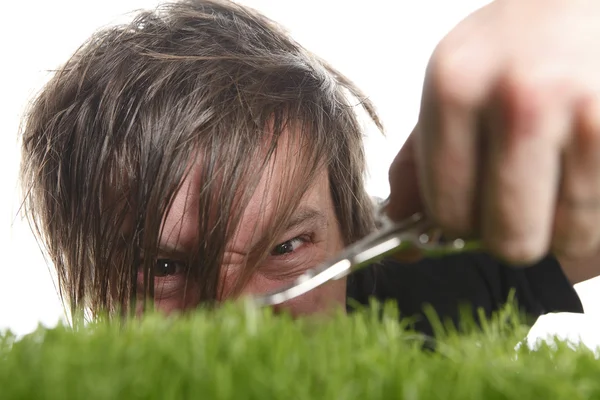 Young man cuts English lawn — Stock Photo, Image