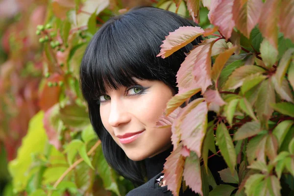 Girl in the leaves of wild grapes — Stock Photo, Image