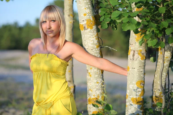 Beautiful girl in a yellow sundress around tree trunks — Stock Photo, Image