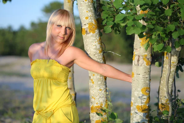 Beautiful girl in a yellow sundress around tree trunks Royalty Free Stock Images