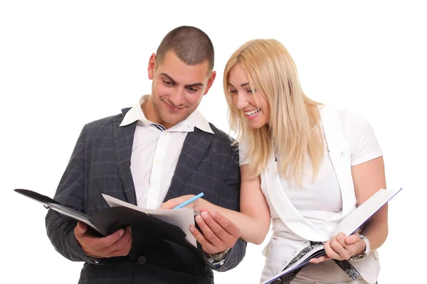 Woman and a man looking at paper folder — Stock Photo, Image