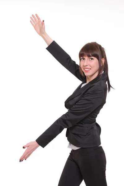 Mujer de negocios sonrisa apuntar la mano al espacio de copia vacía, fondo blanco — Foto de Stock