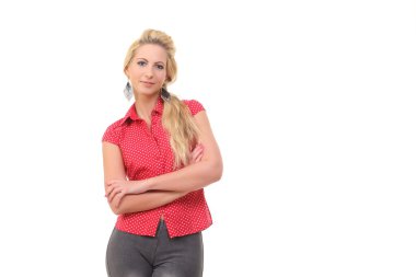 beyaz zemin üzerinde oldukça tatlı bir sarışın