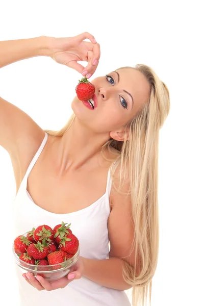 Portrait of a sexy young blond woman with strawberry — Stock Photo, Image