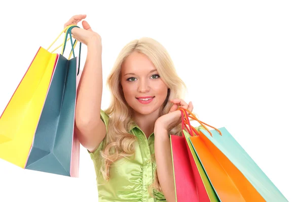 Riendo mujer elegante con bolsas de compras — Foto de Stock