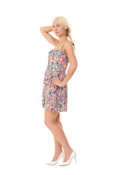 Young blonde in a color summer dress — Stock Photo, Image