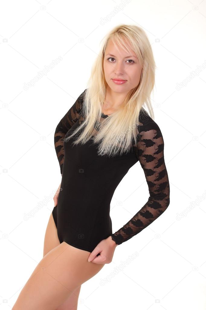 blonde in a black bodysuit