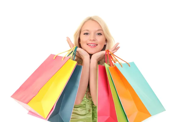 Compras mujer joven con bolsas — Foto de Stock