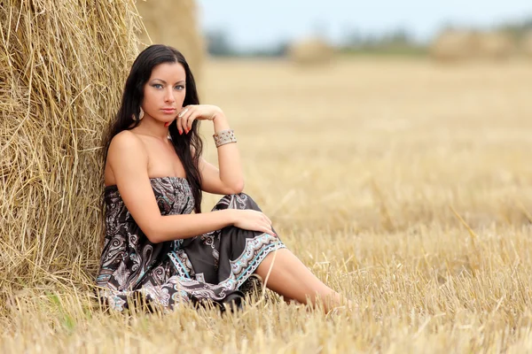 Retrato de uma menina em um campo com feno — Fotografia de Stock