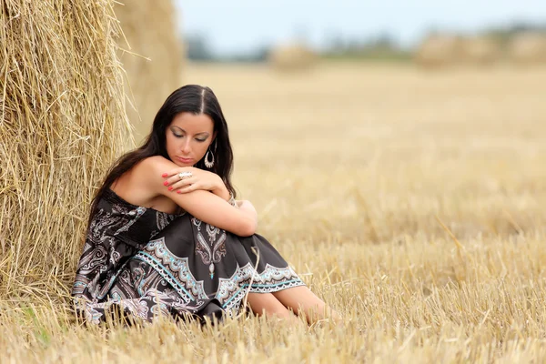 Porträtt av en flicka i ett fält med hö — Stockfoto