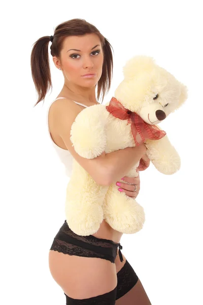 在与一只泰迪熊内衣性感的女孩 — 图库照片
