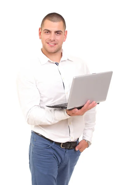 Iş adam ile bir dizüstü bilgisayar el — Stok fotoğraf