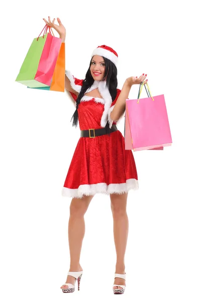 Kerstmis, geschenk. Gelukkige vrouw met shopping tassen. — Stockfoto