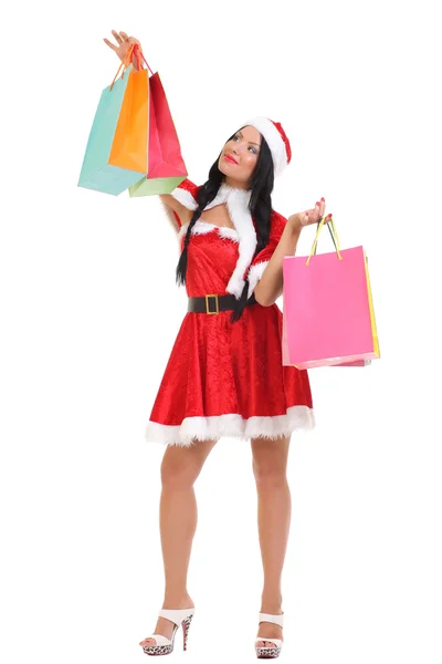 Karácsony, ajándék. boldog asszony a bevásárló szatyrok. — Stock Fotó