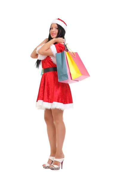 Kerstmis, geschenk. Gelukkige vrouw met shopping tassen. — Stockfoto