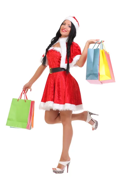 クリスマス、ギフト。買い物袋との幸せな女. — ストック写真