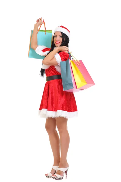 Kerstmis, geschenk. Gelukkige vrouw met shopping tassen. — Stockfoto