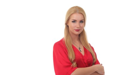 kırmızı bir ipek elbise içinde güzel bir kızın portresi