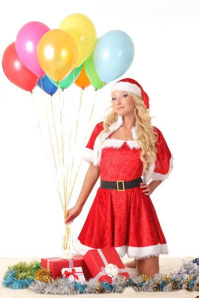 Schöne junge Frau in Weihnachtsmann-Klamotten — Stockfoto