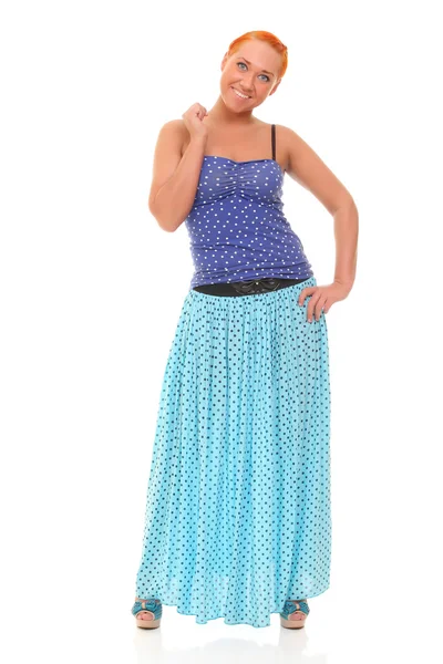 Bild av härlig kvinna ina blå kjol och blus — Stockfoto