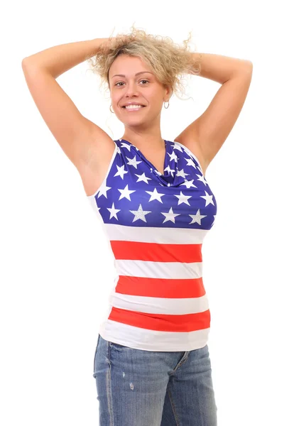 Imagen de mujer rubia vistiendo camiseta de bandera americana —  Fotos de Stock