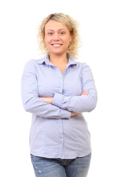 Mujer positiva sobre fondo blanco — Foto de Stock